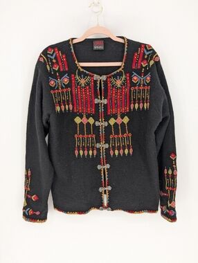 Vrikke Norwegian Wool Cardigan Sweater Black Embroidered Womens Size Large L